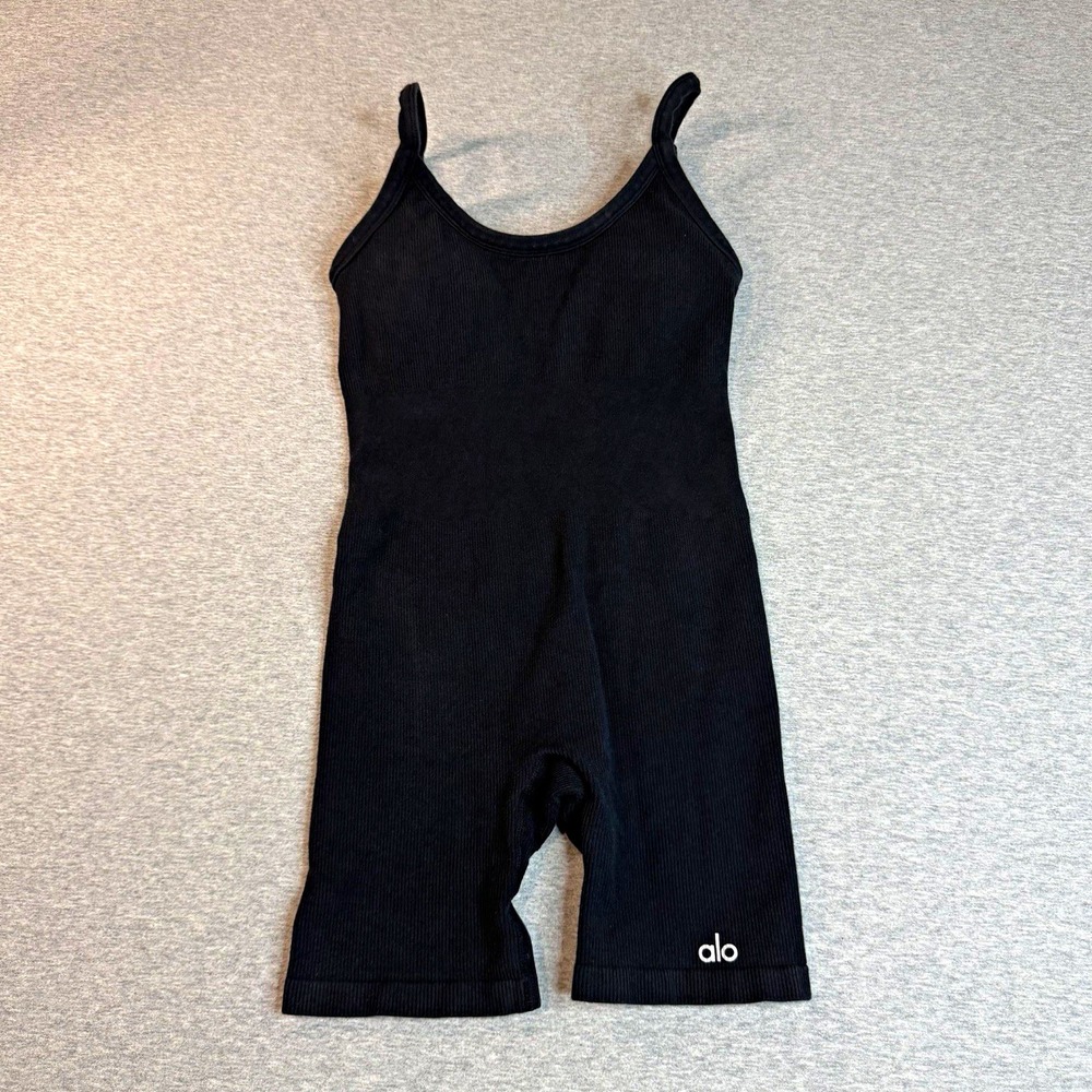 Alo Yoga Seamless Ribbed Mellow Romper Black Romper Unitard Bodysuit Size XS